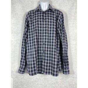 Eton Shirt Men's 43/ 17 Blue White Contemporary Fit Button Up Plaid Long Sleeves